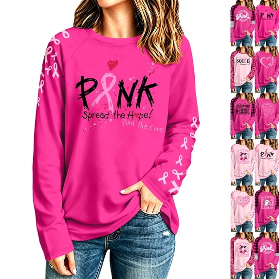 Breast Cancer Shirts for Women Breast Cancer Awareness Long Sleeve T Shirt, Graphic Tee Fall Casual Long Sleeve T-shirt Support Squad Breast Cancer Casual Tops Red L