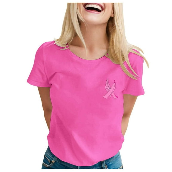 Cancer Shirts Women Cancer Awareness T-Shirts Cancer Survivor Pink Ribbon Short Sleeve Graphic Tee Short Sleeve Crew Neck Tops (Hot Pink,S