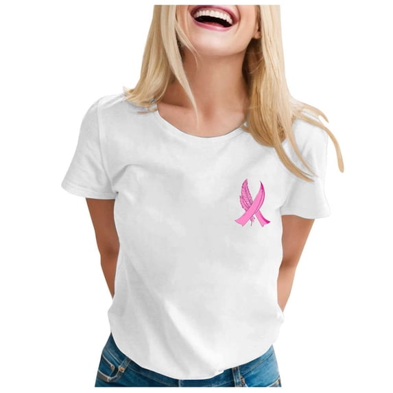 Cancer Shirts Women Cancer Awareness T-Shirts Cancer Survivor Pink Ribbon Short Sleeve Graphic Tee Short Sleeve Crew Neck Tops (White,XL