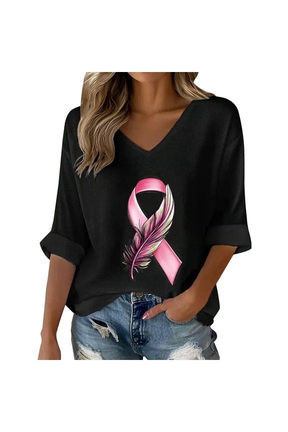 Breast Cancer Shirts for Women Pink Ribbon Graphic V Neck Tee Tops | Breast Cancer V Neck Shirts, Pink Ribbon Hope Graphic Breast Cancer Awareness Gift Top, Black S