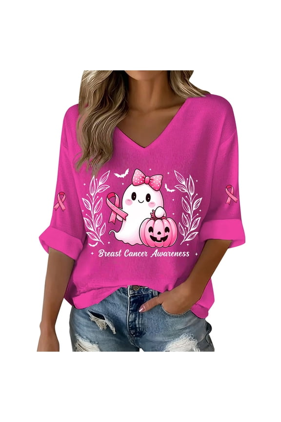 Breast Cancer Shirts for Women Pink Ribbon Graphic V Neck Tee Tops | Breast Cancer V Neck Shirts, Pink Ribbon Hope Graphic Breast Cancer Awareness Gift Top, Watermelon Red S