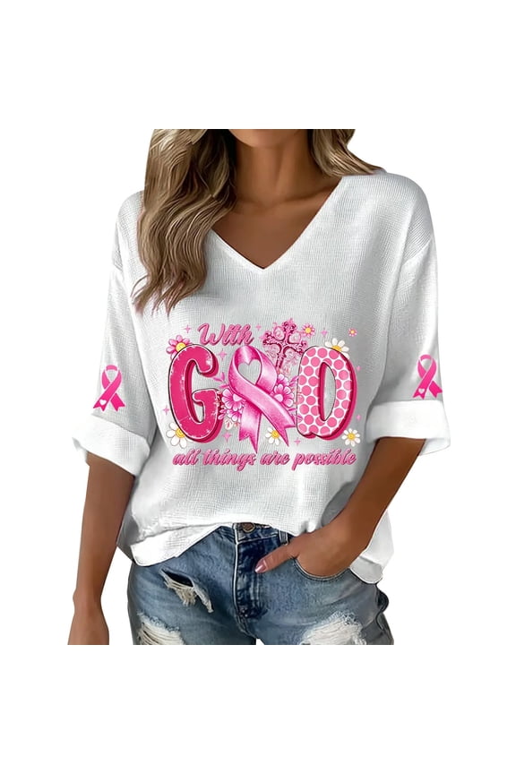 Breast Cancer Shirts for Women Pink Ribbon Graphic V Neck Tee Tops | Breast Cancer V Neck Shirts, Pink Ribbon Hope Graphic Breast Cancer Awareness Gift Top, Rose Gold S