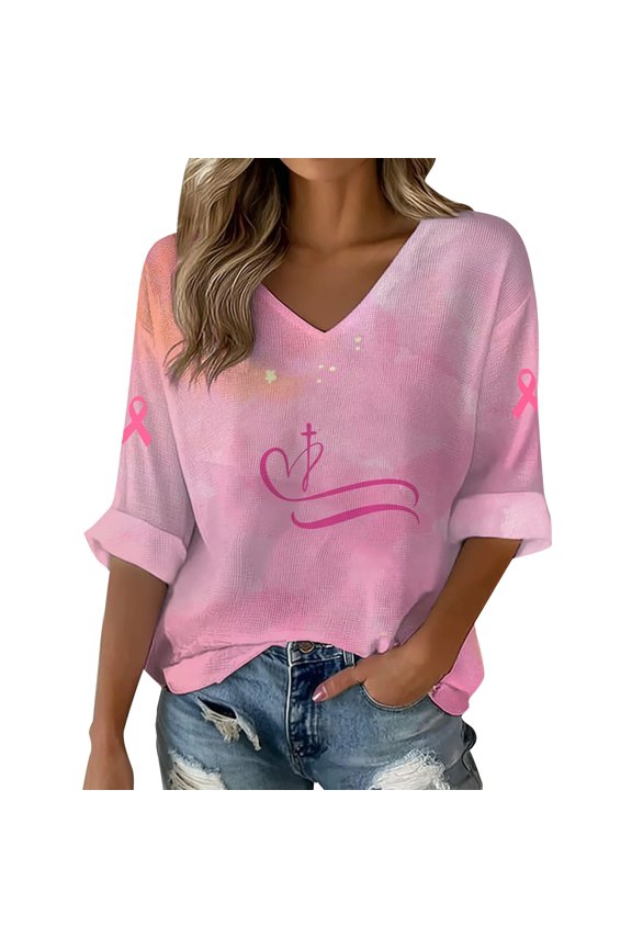 Breast Cancer Shirts for Women Pink Ribbon Graphic V Neck Tee Tops | Breast Cancer V Neck Shirts, Pink Ribbon Hope Graphic Breast Cancer Awareness Gift Top, Pink M