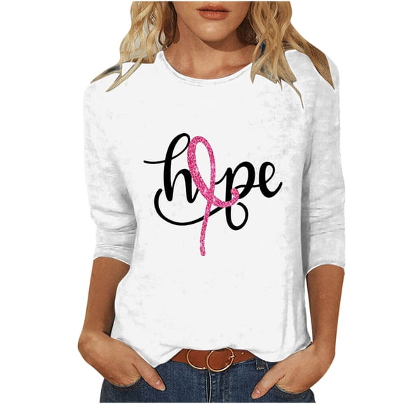 Breast Cancer Shirts for Women 2025 Crewneck 3/4 Sleeve Awareness T Shirt Ribbon Letter Print Cancer Tops