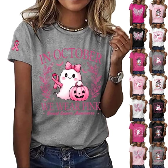 Breast Cancer Shirts for Women Breast Cancer Awareness Spooky Ghost T-Shirt Short Sleeve Top