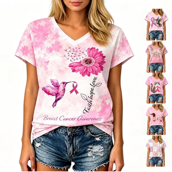 Breast Cancer Shirts for Women Pink Ribbon Breast Cancer Awareness Shirts Cancer Care Gifts Short Sleeve Graphic Tees Top