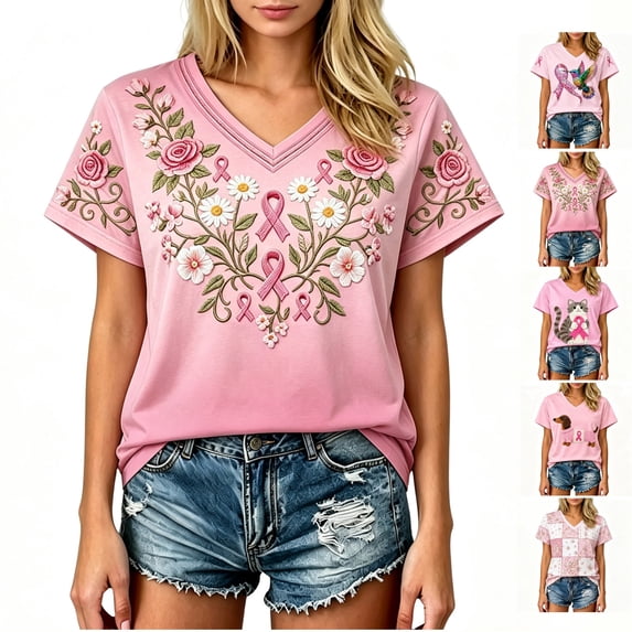 Breast Cancer Shirts for Women Pink Ribbon Breast Cancer Awareness Shirts Cancer Care Gifts Short Sleeve Graphic Tees Top
