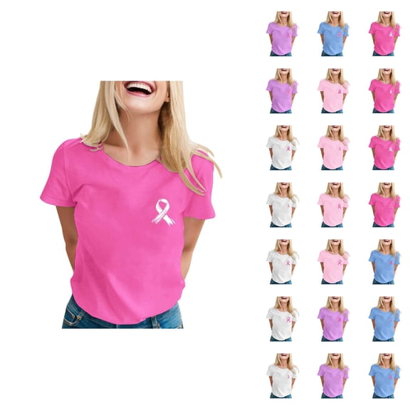 Cancer Shirts for Women Pink Ribbon Graphic Tees Short Sleeve Crewneck Cancer Awareness Shirt