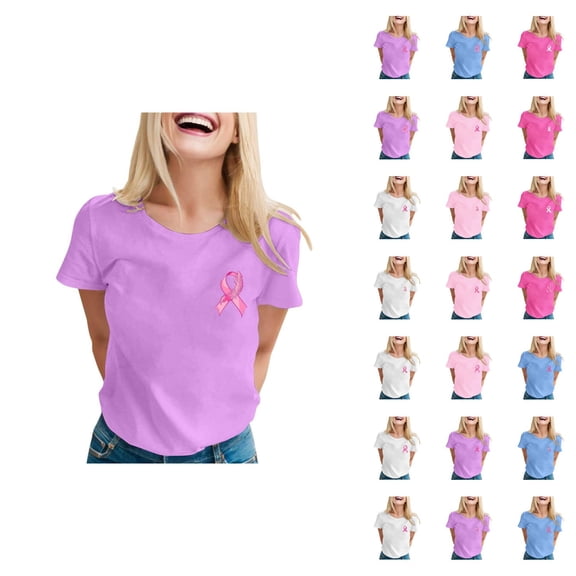 Cancer Shirts for Women Pink Ribbon Graphic Tees Short Sleeve Crewneck Cancer Awareness Shirt