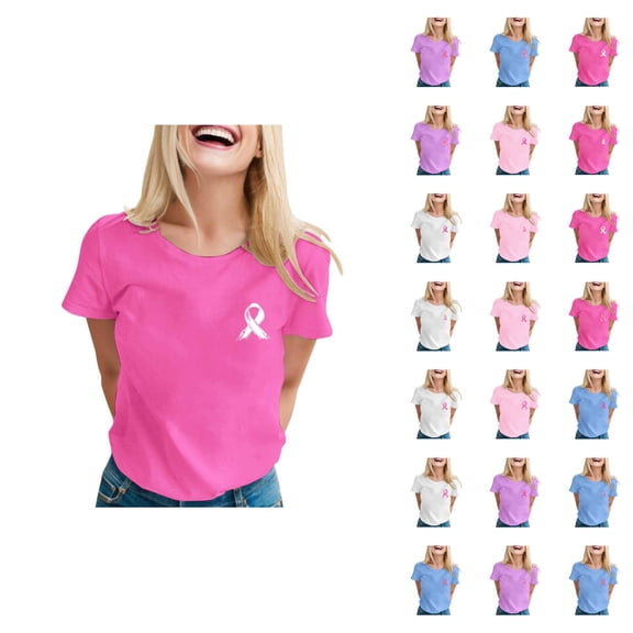 Cancer Shirts for Women Pink Ribbon Graphic Tees Short Sleeve Crewneck Cancer Awareness Shirt