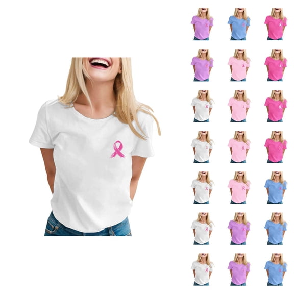 Cancer Shirts for Women Pink Ribbon Graphic Tees Short Sleeve Crewneck Cancer Awareness Shirt