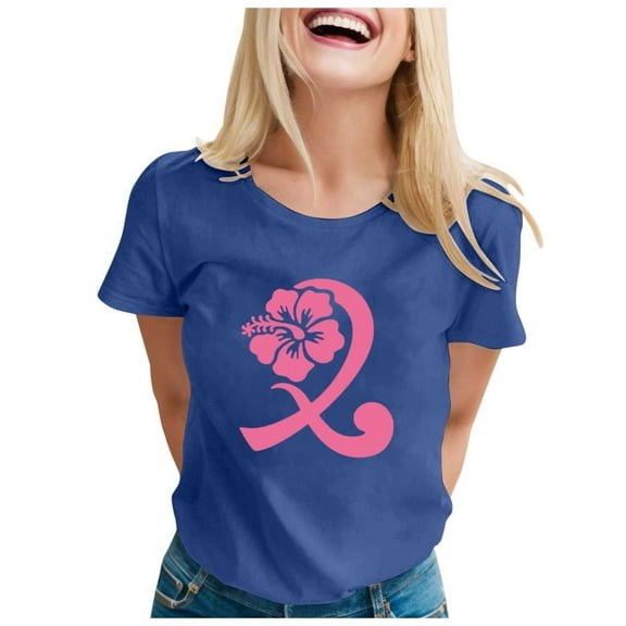 Cancer Shirts for Women Pink Ribbon Print Short Sleeve Tees Summer Casual Fight Cancer Crew Neck Tops
