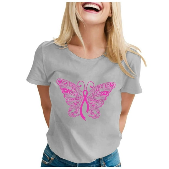 Cancer Shirts for Women Pink Ribbon Print Short Sleeve Tees Summer Casual Fight Cancer Crew Neck Tops