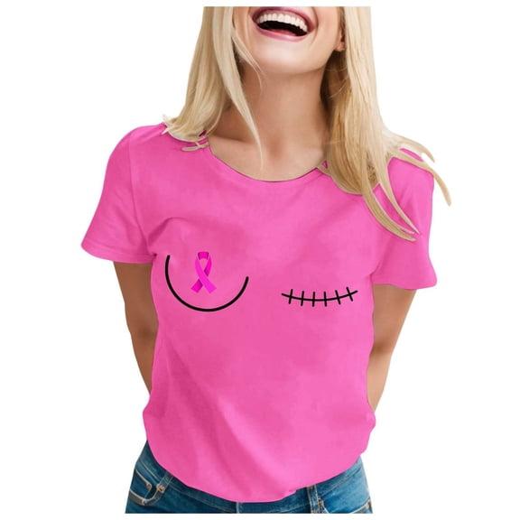 Cancer Shirts for Women Pink Ribbon Print Short Sleeve Tees Summer Casual Fight Cancer Crew Neck Tops