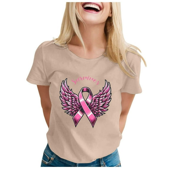 Cancer Shirts for Women Pink Ribbon Print Short Sleeve Tees Summer Casual Fight Cancer Crew Neck Tops