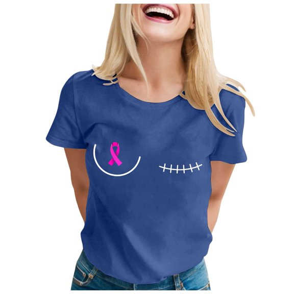 Cancer Shirts for Women Pink Ribbon Print Short Sleeve Tees Summer Casual Fight Cancer Crew Neck Tops