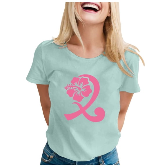 Cancer Shirts for Women Pink Ribbon Print Short Sleeve Tees Summer Casual Fight Cancer Crew Neck Tops