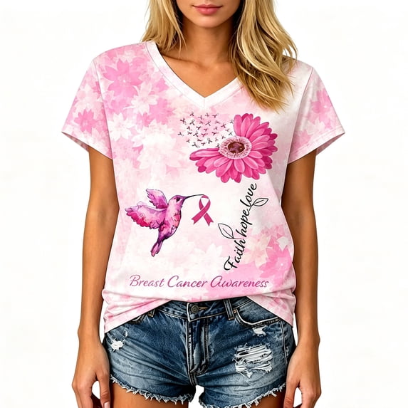 Breast Cancer Shirts for Women Pink Ribbon Shirt Cancer Awareness T-Shirt Spread The Hope Shirt Casual Short Sleeve Vneck Tops