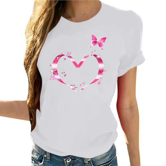 Breast Cancer Shirts for Women Pink Ribbon and Butterfly Short Sleeve Loose V Neck Tshirts