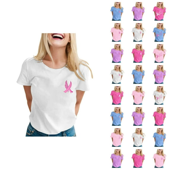 Cancer Shirts for Women Short Sleeve Crewneck Pink Ribbon Graphic T-Shirt Cancer Awareness Shirt