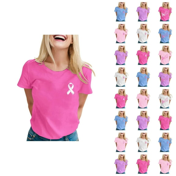 Cancer Shirts for Women Short Sleeve Crewneck Pink Ribbon Graphic T-Shirt Cancer Awareness Shirt