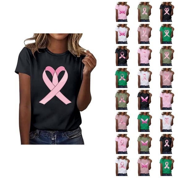 Cancer Shirts for Women Short Sleeve Crewneck Pink Ribbon Graphic Tees Cancer Awareness Shirt