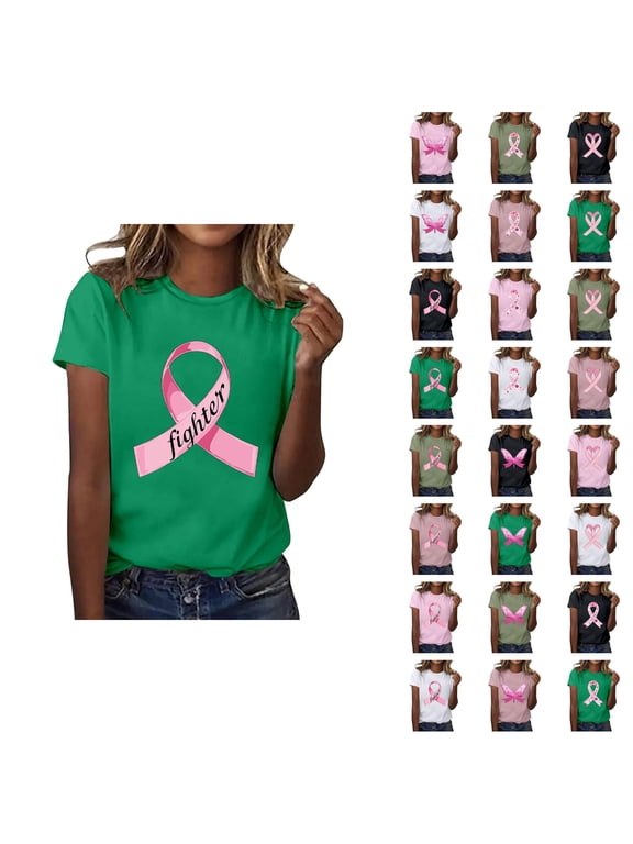 Cancer Shirts for Women Short Sleeve Crewneck Pink Ribbon Graphic Tees Cancer Awareness Shirt
