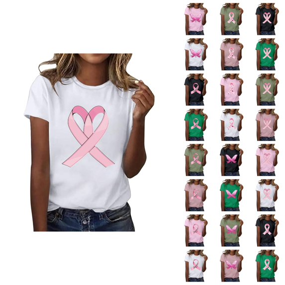 Cancer Shirts for Women Short Sleeve Crewneck Pink Ribbon Graphic Tees Cancer Awareness Shirt