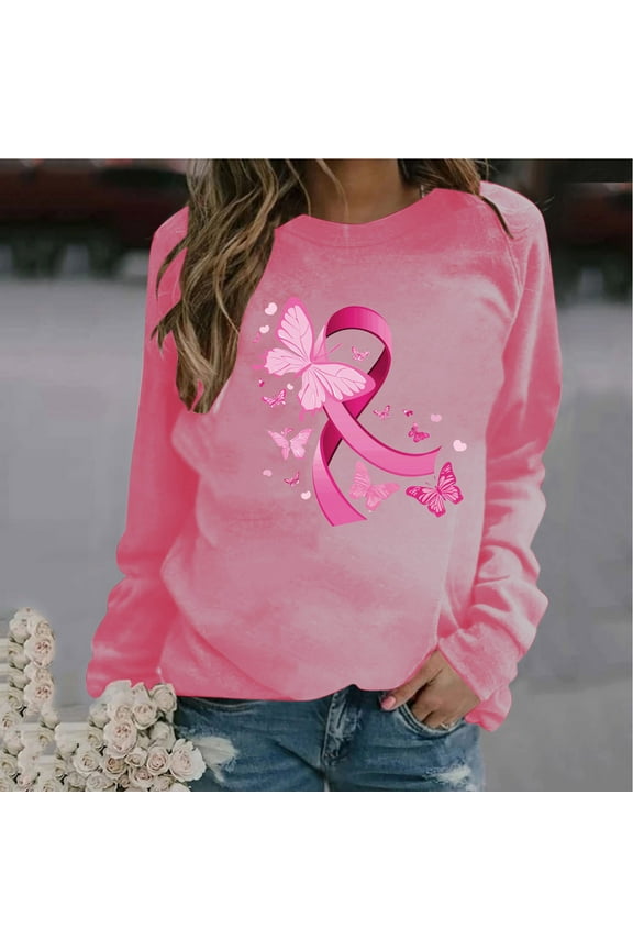 Breast Cancer Shirts for Women,Women's Pink Ribbon Graphic Tee Tops Long Sleeve Round Neck Casual Print Loose Sweatshirts