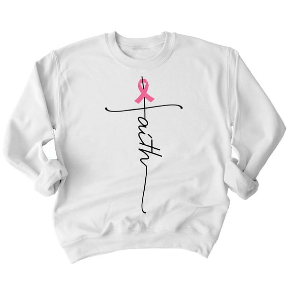 Breast Cancer Support Faith Cross Crewneck Sweatshirt, L, White