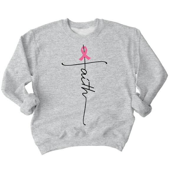 Breast Cancer Support Faith Cross Crewneck Sweatshirt, S, H. Grey
