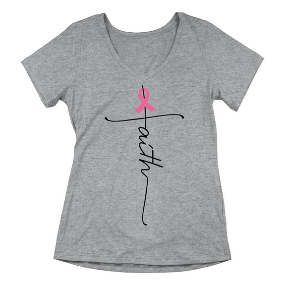 Breast Cancer Support Faith Cross Women's V-neck, XL, Heather Gray