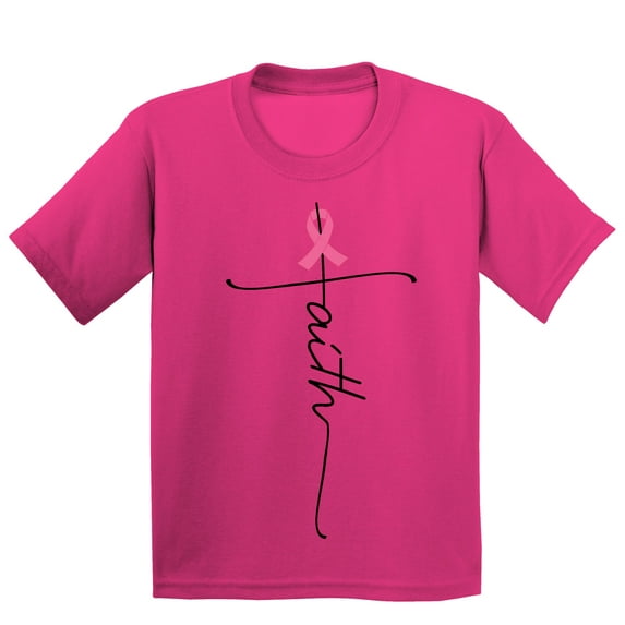 Breast Cancer Support Faith Cross Youth T-shirt, S, Cyber Pink