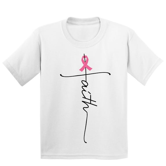 Breast Cancer Support Faith Cross Youth T-shirt, XL, White