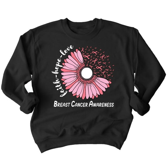 Breast Cancer Support Faith Hope Love Sunflower Daisy Crewneck Sweatshirt, 3XL, Black