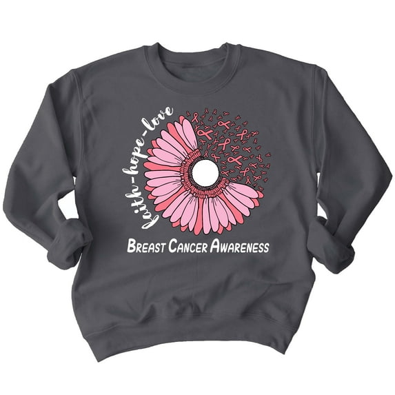 Breast Cancer Support Faith Hope Love Sunflower Daisy Crewneck Sweatshirt, 3XL, Charcoal