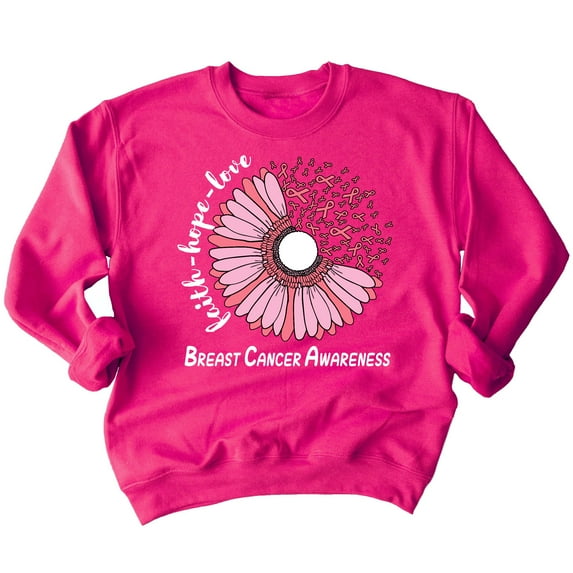 Breast Cancer Support Faith Hope Love Sunflower Daisy Crewneck Sweatshirt, M, Pink
