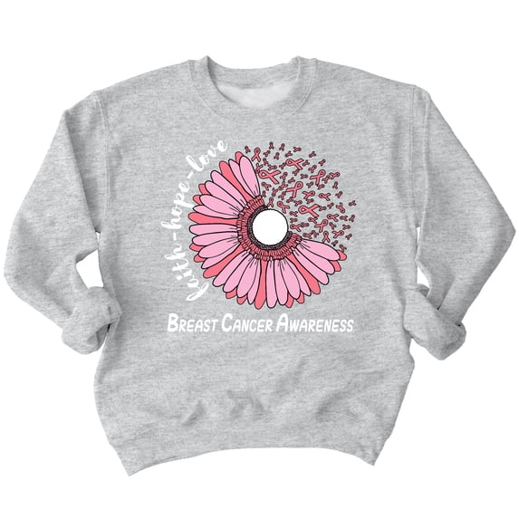 Breast Cancer Support Faith Hope Love Sunflower Daisy Crewneck Sweatshirt, XL, H. Grey