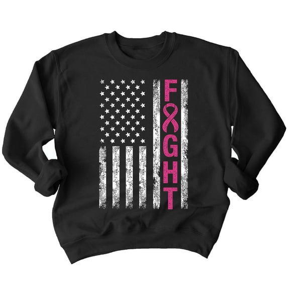 Breast Cancer Support Pink Ribbon Fight US Flag Crewneck Sweatshirt, 2XL, Black