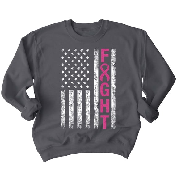 Breast Cancer Support Pink Ribbon Fight US Flag Crewneck Sweatshirt, 2XL, Charcoal