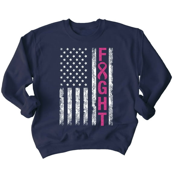 Breast Cancer Support Pink Ribbon Fight US Flag Crewneck Sweatshirt, M, Navy