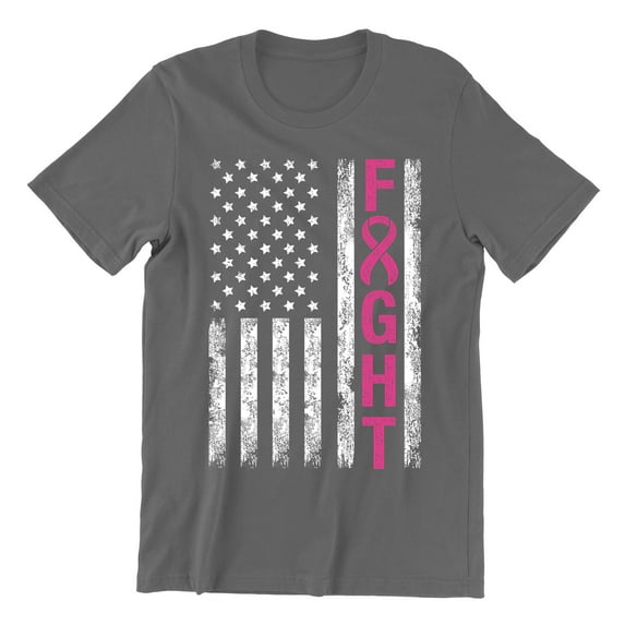 Breast Cancer Support Pink Ribbon Fight US Flag Unisex Men's T-shirt, 3XL, Charcoal