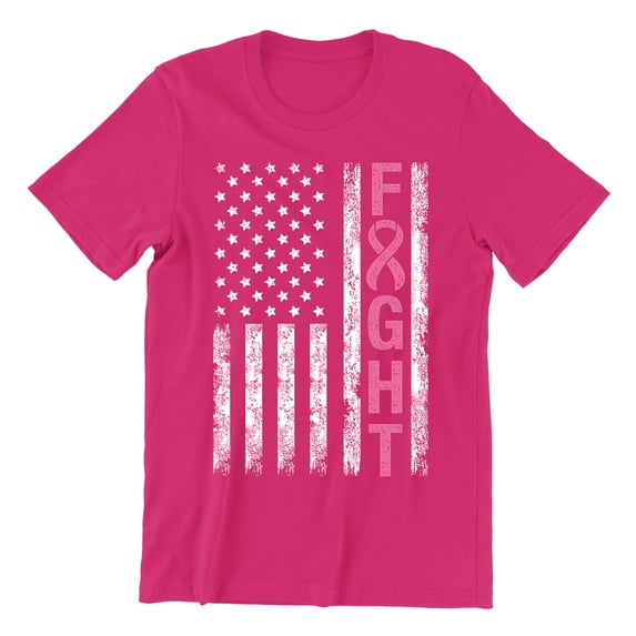 Breast Cancer Support Pink Ribbon Fight US Flag Unisex Men's T-shirt, L, Cyber Pink