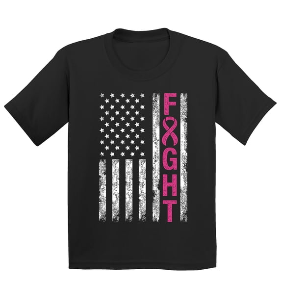 Breast Cancer Support Pink Ribbon Fight US Flag Youth T-shirt, S, Black