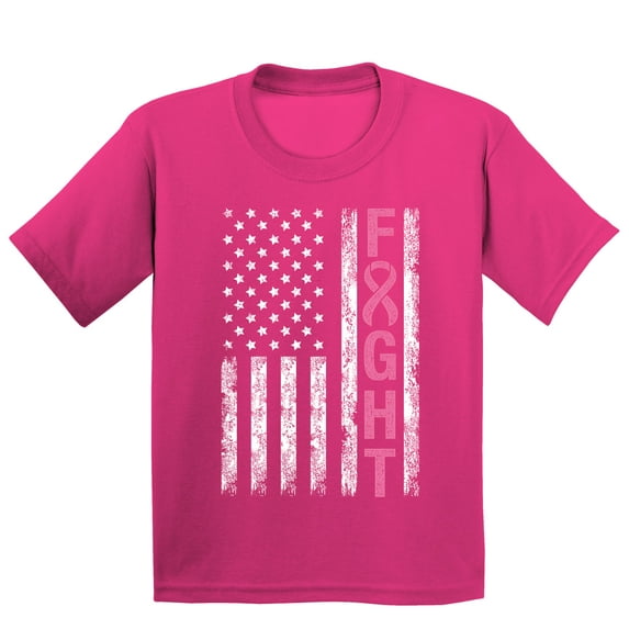 Breast Cancer Support Pink Ribbon Fight US Flag Youth T-shirt, XS, Cyber Pink