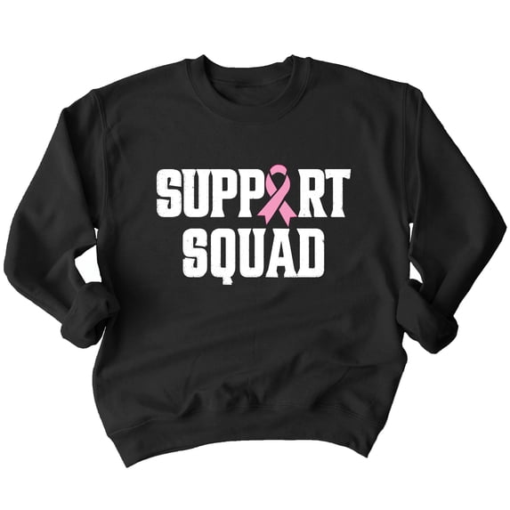 Breast Cancer Support Squad Pink Ribbon Crewneck Sweatshirt, S, Black