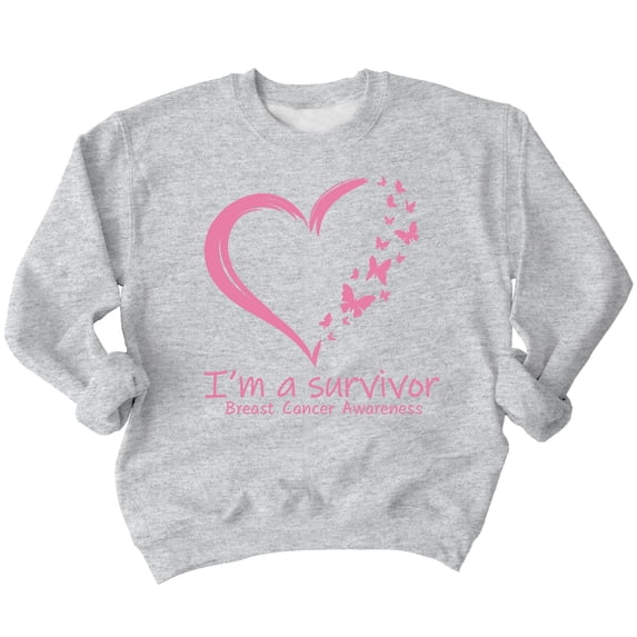 Breast Cancer Survivor Heart Butterflies Crewneck Sweatshirt, 3XL, H. Grey