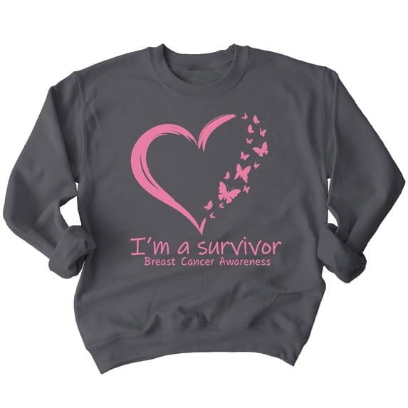 Breast Cancer Survivor Heart Butterflies Crewneck Sweatshirt, S, Charcoal