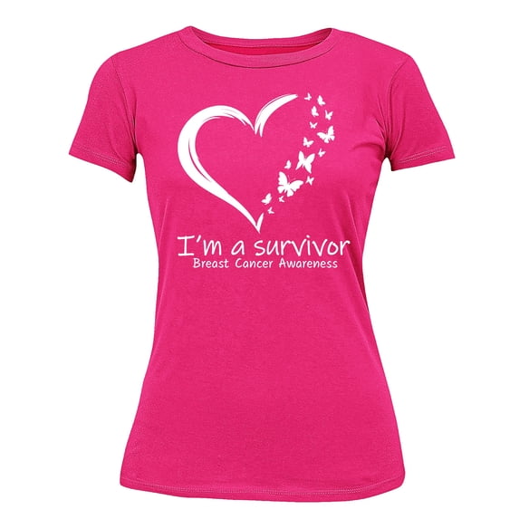 Breast Cancer Survivor Heart Butterflies Women's T-shirt, L, Cyber Pink