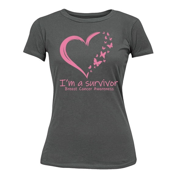 Breast Cancer Survivor Heart Butterflies Women's T-shirt, S, Charcoal